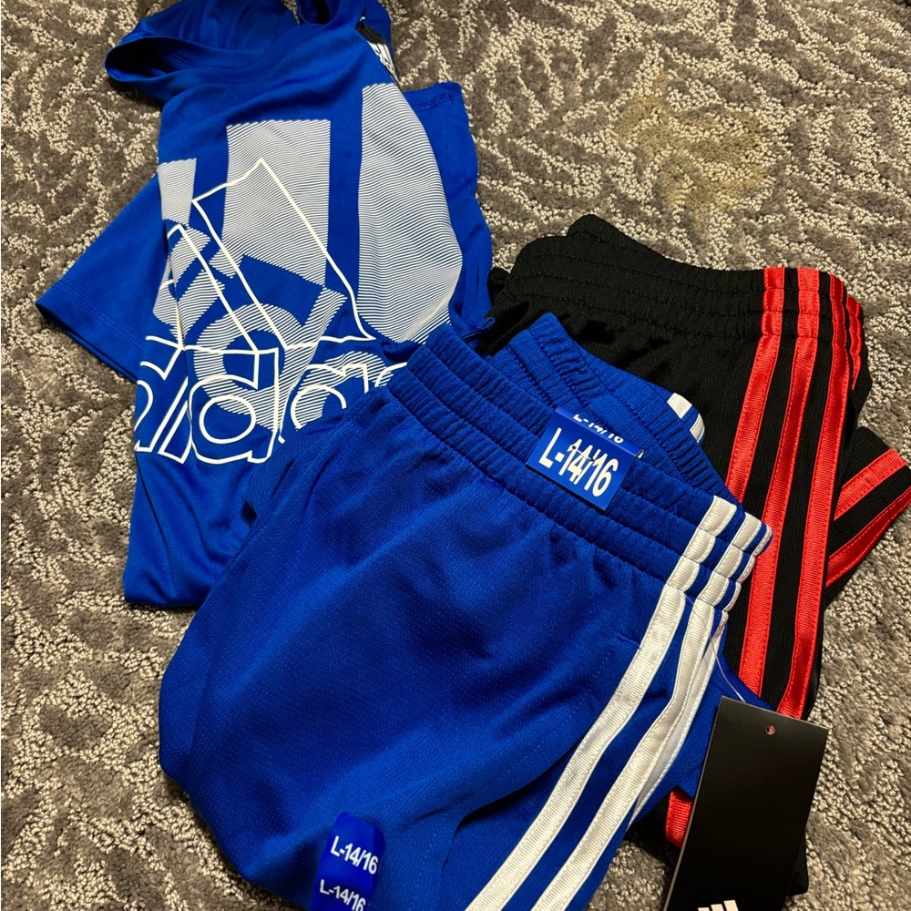 Adidas Blue and Black shorts (2 pair) and matching blue shirt size L 14/16